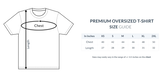 Size guide for premium oversized t-shirts with a diagram of chest and length measurements.