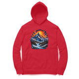 red hoodie with mountain print 